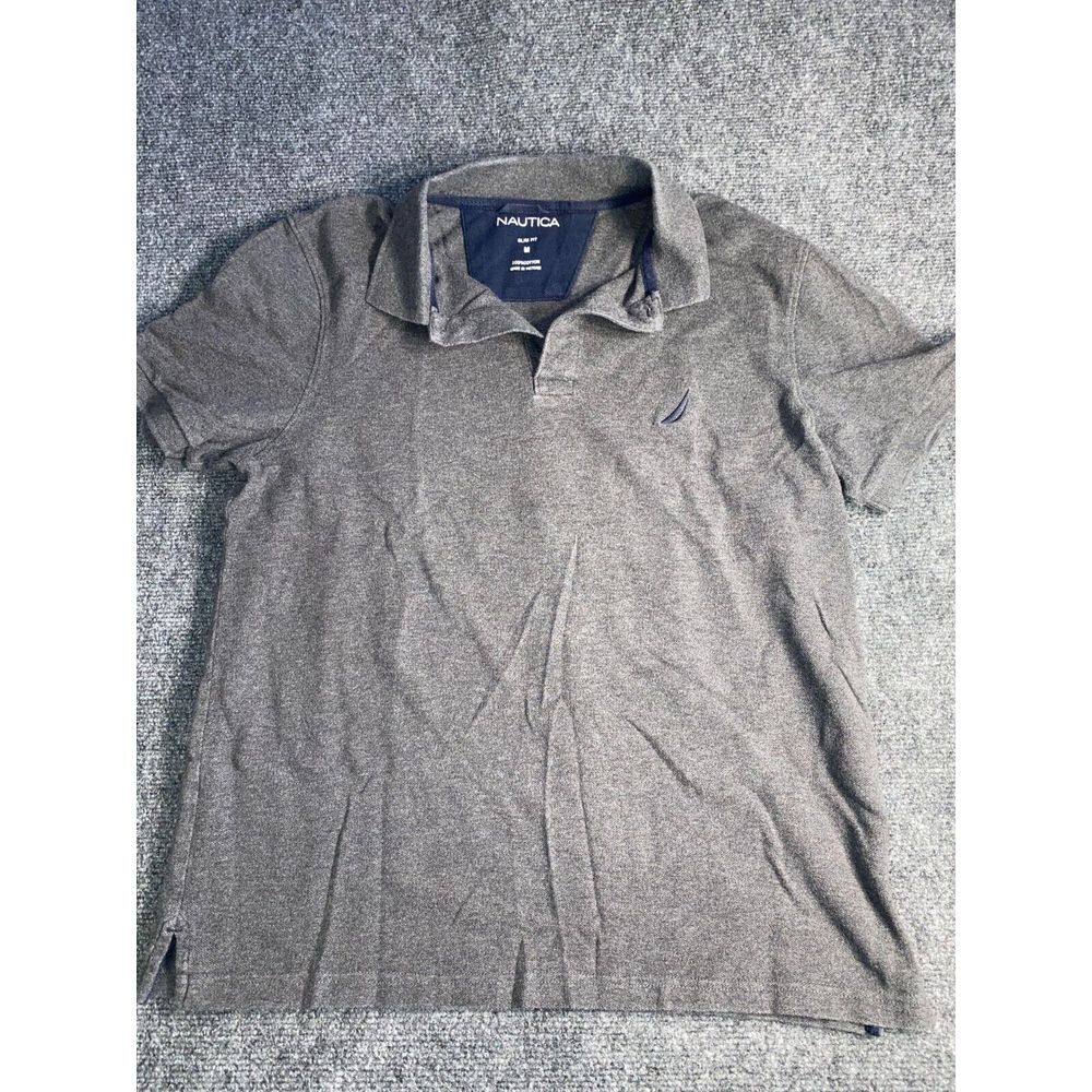Nautica Polo Shirt Mens Medium Gray‎ Knit Slim Fit Golf Performance Short Sleeve